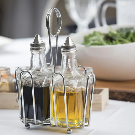 Bộ Bình Đựng Dầu Giấm Tablecraft 600ST 177 ml Kệ Chrome Nắp Inox - Thủy Tinh, Trong Suốt