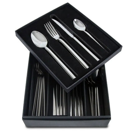 Bộ Dao Dĩa - GGM Gastro Giancarlo - Thép Không Gỉ 18/10 - Dao 224mm; Nĩa 205mm; Thìa 205mm; Thìa Tráng Miệng 164mm - Kèm Hộp Đựng - Bóng Gương - Bộ 24 Món - Cho 6 Người