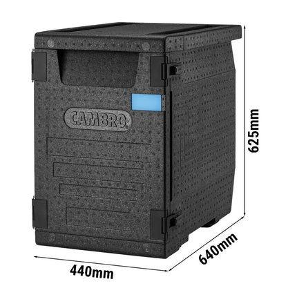 CAMBRO | Cam GoBox® Frontloader – GN 1/1 – Black lid – 440×640×625 mm – Plate compartment – 4h temperature hold
