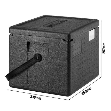 CAMBRO | Cam GoBox® Toploader – GN 1/2 – Black lid – 390×330×316 mm – Carry strap – 4h temperature hold