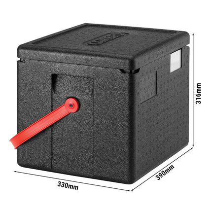 CAMBRO | Cam GoBox® Toploader – GN 1/2 – Black lid – 390×330×316 mm – Carry strap – 4h temperature hold