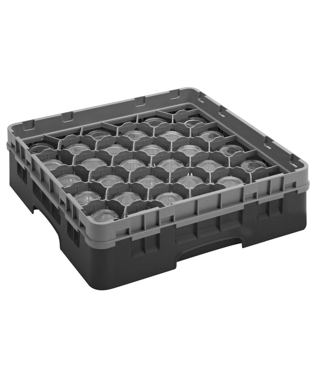 CAMBRO | CAMRACK® 30-Compartment Glass Rack – Ø79 mm – 500×500 mm – 1 Extender – Black – H 143 mm