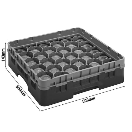 CAMBRO | CAMRACK® 30-Compartment Glass Rack – Ø79 mm – 500×500 mm – 1 Extender – Black – H 143 mm