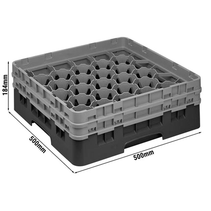CAMBRO | CAMRACK® 30-Compartment Glass Rack – Ø79 mm – 500×500 mm – 1 Extender – Black – H 184 mm