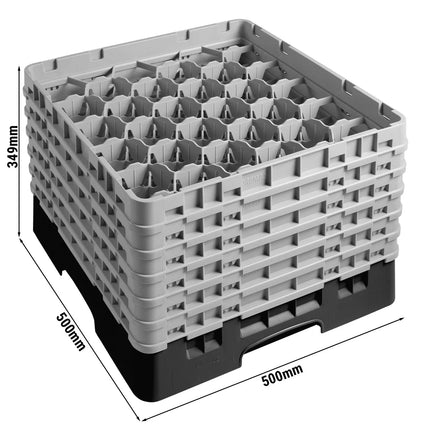 CAMBRO | CAMRACK® 30-Compartment Glass Rack – Ø79 mm – 500×500 mm – 1 Extender – Black – H 349 mm
