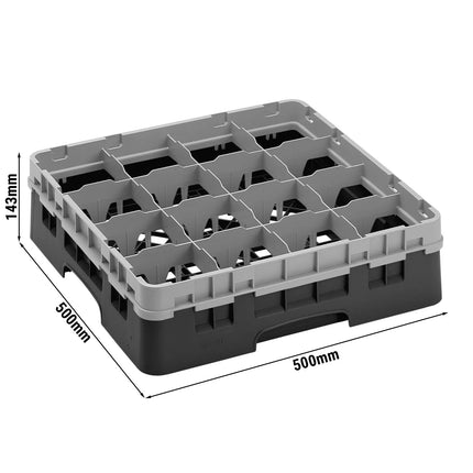 CAMBRO | CAMRACK® Glass & Tumbler Dishwasher Rack – 16 Compartments – 500×500 mm – 143 mm H – Black