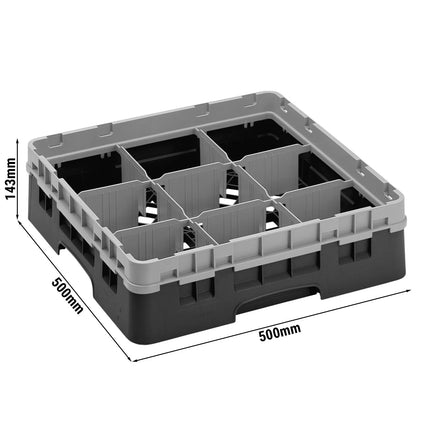 CAMBRO | CAMRACK® Glasswasher Rack – 9-Compartment, 1 Extender – 500×500×143 mm – Black