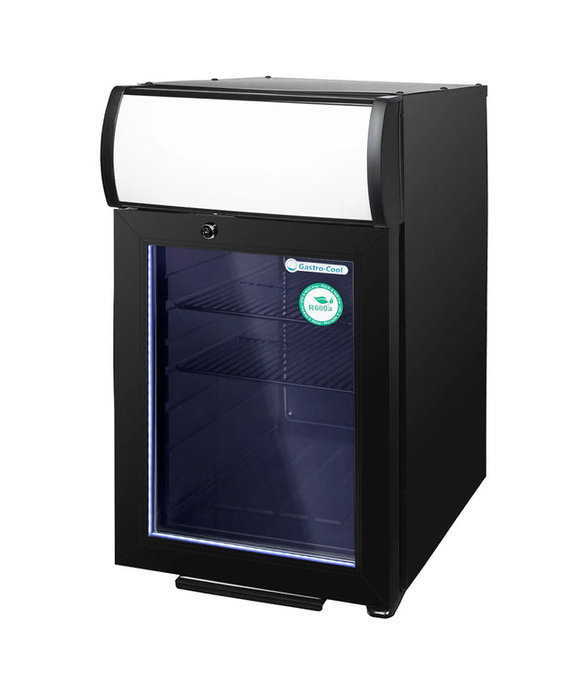 GASTRO-COOL | Commercial Promotional Display Fridge with illuminated canopy – 21 L – single glass door – black
