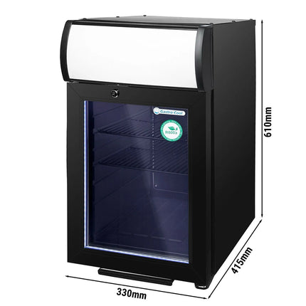 GASTRO-COOL | Commercial Promotional Display Fridge with illuminated canopy – 21 L – single glass door – black