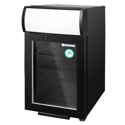 GASTRO-COOL | Commercial Promotional Display Fridge with illuminated canopy – 21 L – single glass door – black