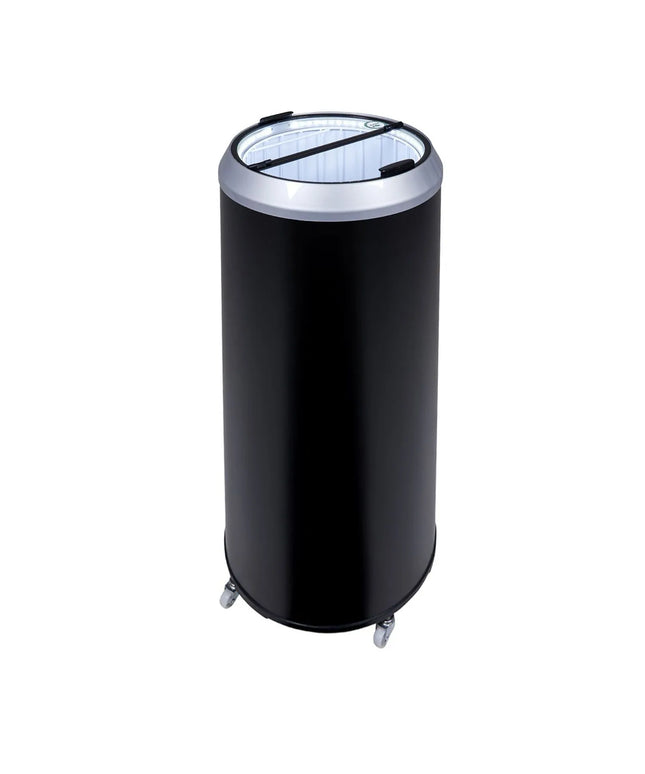 GASTRO-COOL | Party Drinks Cooler Barrel – 71 L - 0–10°C - Glass lid - Castors - Black/Silver - LED front - 2 baskets