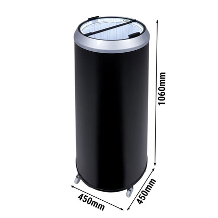 GASTRO-COOL | Party Drinks Cooler Barrel – 71 L - 0–10°C - Glass lid - Castors - Black/Silver - LED front - 2 baskets