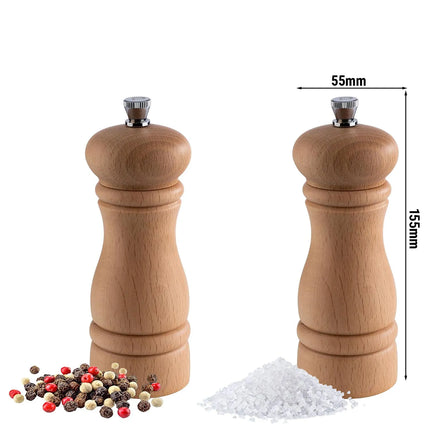GGM Gastro (12 pcs) (2 pcs) Salt & Pepper Mills PREMIUM - ETERNAL - Beech Wood - Height: 155mm - Light Brown