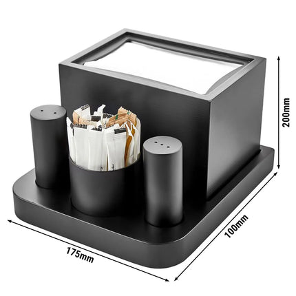 GGM Gastro (12 pcs) Cruet Set - 4-piece - Stainless steel stand - napkin holder, toothpick holder, salt & pepper - Height: 200mm - Black