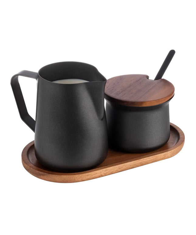 GGM Gastro (12 pcs) Milk and Sugar Set - 350ml - Wooden stand - Stainless steel; Acacia wood stand - Black