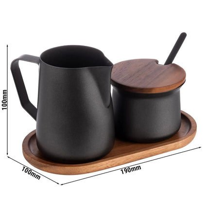 GGM Gastro (12 pcs) Milk and Sugar Set - 350ml - Wooden stand - Stainless steel; Acacia wood stand - Black