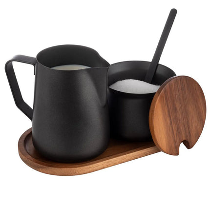 GGM Gastro (12 pcs) Milk and Sugar Set - 350ml - Wooden stand - Stainless steel; Acacia wood stand - Black