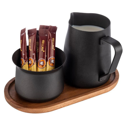 GGM Gastro (12 pcs) Milk and Sugar Set - 350ml - Wooden stand - Stainless steel; Acacia wood stand - Black