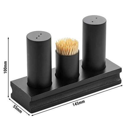 GGM Gastro (12 pcs) Salt and Pepper Cruet Set and Stand - 3-piece - Stainless steel stand - salt & pepper & toothpicks - Height: 100mm - Black