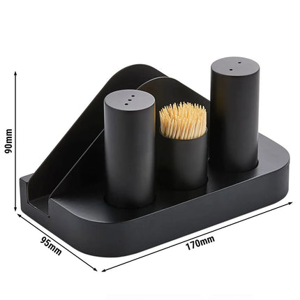 GGM Gastro (12 pcs) Salt and Pepper Cruet Set and Stand - 4-piece - Stainless steel stand - napkin holder, toothpick holder, salt & pepper - Height: 200mm - Black