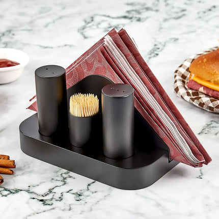 GGM Gastro (12 pcs) Salt and Pepper Cruet Set and Stand - 4-piece - Stainless steel stand - napkin holder, toothpick holder, salt & pepper - Height: 200mm - Black