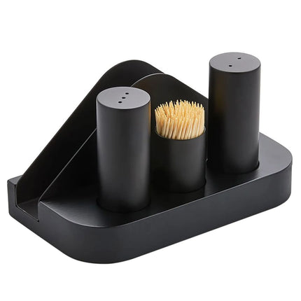 GGM Gastro (12 pcs) Salt and Pepper Cruet Set and Stand - 4-piece - Stainless steel stand - napkin holder, toothpick holder, salt & pepper - Height: 200mm - Black