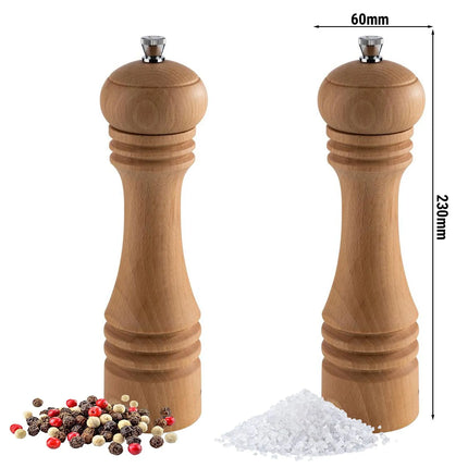 GGM Gastro (12 pcs) Salt & Pepper Mills PREMIUM - ETERNAL - Beech Wood - Height: 230mm - Light Brown