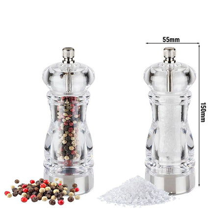 GGM Gastro (12 pcs) Salt & Pepper Mills PREMIUM PLUS - CLEARGRIND - Acrylic - Height: 150mm - Clear