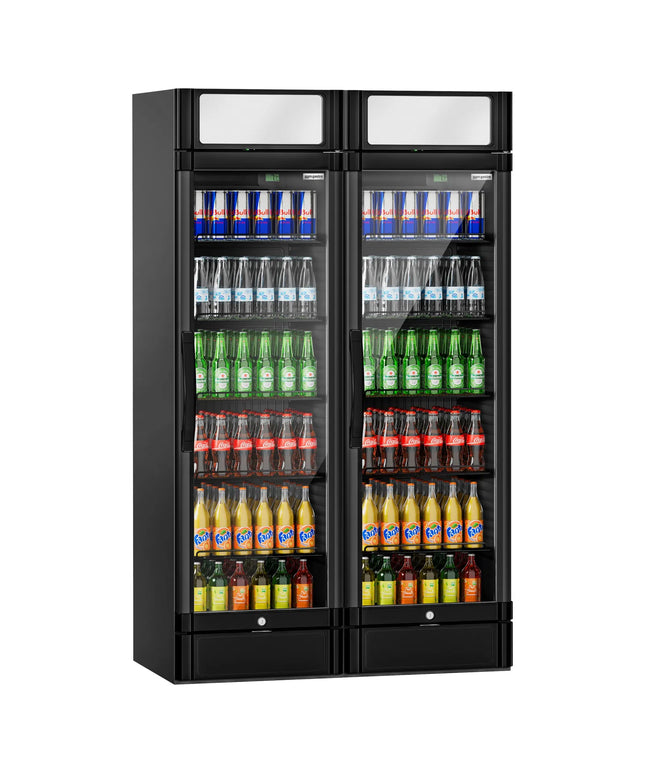 GGM Gastro (2 pcs) Commercial Beverage Display Fridge - 1190mm - 694 Litres - with 2 hinged glass doors - LED lighting - digital controller with temperature display - Black - Temperature range 2 to 10 °C