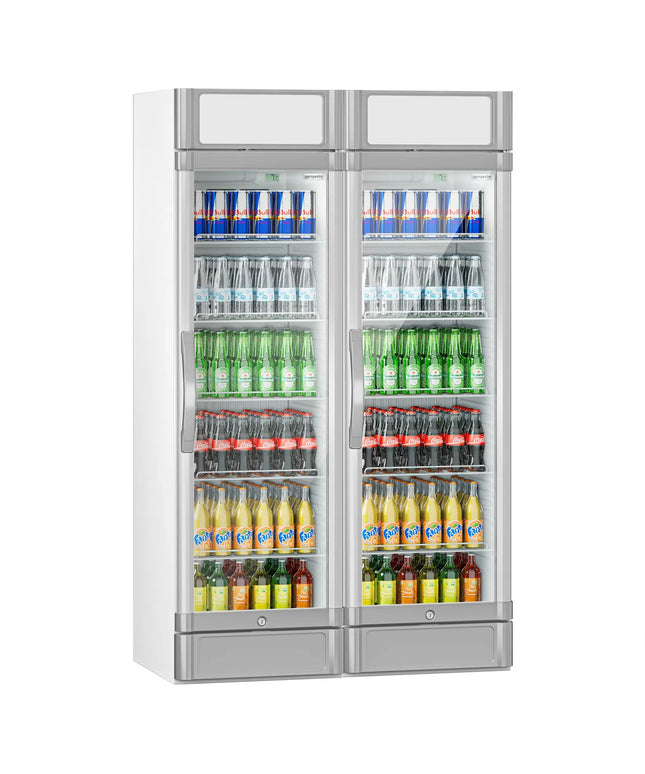 GGM Gastro (2 pcs) Commercial Beverage Display Fridge - 1190mm - 694 Litres - with 2 hinged glass doors - LED lighting - digital controller with temperature display - Grey - Temperature range 2 to 10 °C