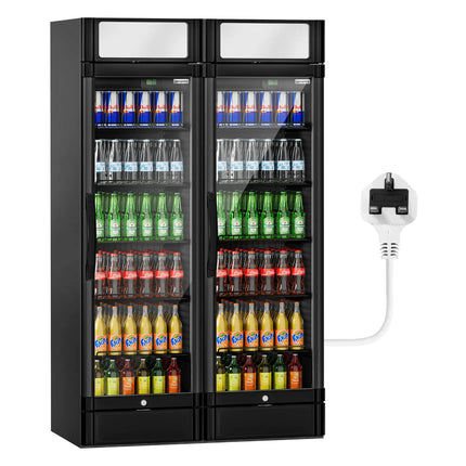 GGM Gastro (2 pcs) Commercial Beverage Display Fridge - 1190mm - 694 Litres - with 2 hinged glass doors - LED lighting - digital controller with temperature display - Black - UK Plug - Temperature range 2 to 10 °C