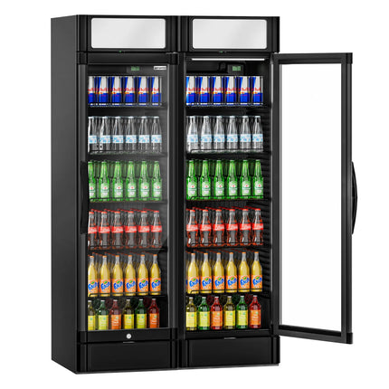 GGM Gastro (2 pcs) Commercial Beverage Display Fridge - 1190mm - 694 Litres - with 2 hinged glass doors - LED lighting - digital controller with temperature display - Black - Temperature range 2 to 10 °C
