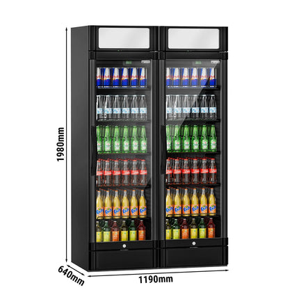 GGM Gastro (2 pcs) Commercial Beverage Display Fridge - 1190mm - 694 Litres - with 2 hinged glass doors - LED lighting - digital controller with temperature display - Black - UK Plug - Temperature range 2 to 10 °C