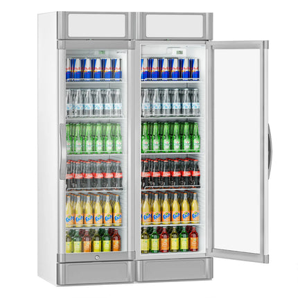 GGM Gastro (2 pcs) Commercial Beverage Display Fridge - 1190mm - 694 Litres - with 2 hinged glass doors - LED lighting - digital controller with temperature display - Grey - Temperature range 2 to 10 °C