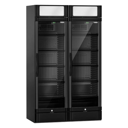 GGM Gastro (2 pcs) Commercial Beverage Display Fridge - 1190mm - 694 Litres - with 2 hinged glass doors - LED lighting - digital controller with temperature display - Black - Temperature range 2 to 10 °C