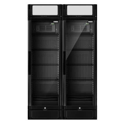 GGM Gastro (2 pcs) Commercial Beverage Display Fridge - 1190mm - 694 Litres - with 2 hinged glass doors - LED lighting - digital controller with temperature display - Black - Temperature range 2 to 10 °C