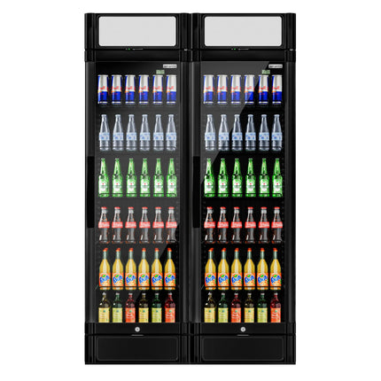 GGM Gastro (2 pcs) Commercial Beverage Display Fridge - 1190mm - 694 Litres - with 2 hinged glass doors - LED lighting - digital controller with temperature display - Black - UK Plug - Temperature range 2 to 10 °C