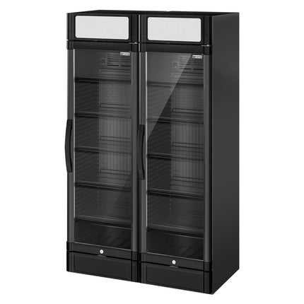 GGM Gastro (2 pcs) Commercial Beverage Display Fridge - 1190mm - 694 Litres - with 2 hinged glass doors - LED lighting - digital controller with temperature display - Black - Temperature range 2 to 10 °C