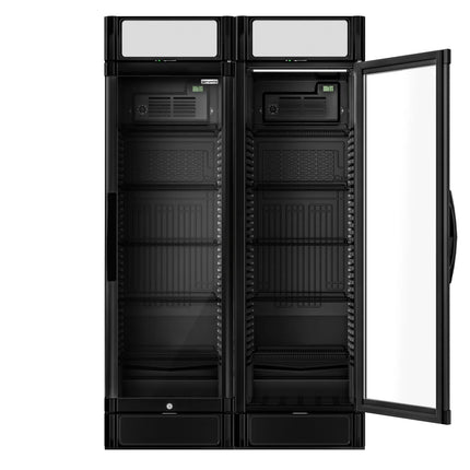 GGM Gastro (2 pcs) Commercial Beverage Display Fridge - 1190mm - 694 Litres - with 2 hinged glass doors - LED lighting - digital controller with temperature display - Black - UK Plug - Temperature range 2 to 10 °C