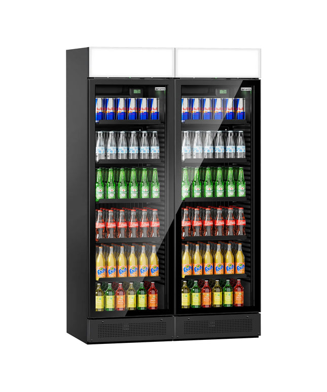 GGM Gastro (2 pcs) Commercial Beverage Display Fridge with Illuminated Canopy - 1190mm - 690 Litres - with 2 hinged glass doors - LED lighting - digital controller with temperature display - Black - UK Plug - Temperature range 2 to 10 °C