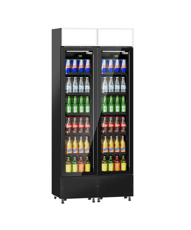 GGM Gastro (2 pcs) Commercial Beverage Display Fridge with Illuminated Canopy - 870mm - 290 Litres - with 2 hinged glass doors - LED lighting - digital controller with temperature display - Black - Temperature range 1 to 10 °C