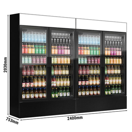 GGM Gastro (2 pcs) Commercial Beverage Display Fridge with Illuminated Canopy - 2400mm - 2096 Litres - with 4 hinged glass doors - LED lighting - Black - Temperature range 1 to 10 °C