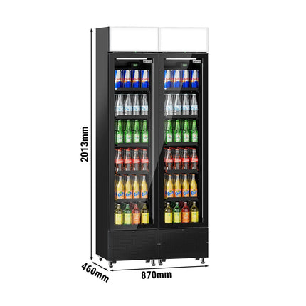 GGM Gastro (2 pcs) Commercial Beverage Display Fridge with Illuminated Canopy - 870mm - 290 Litres - with 2 hinged glass doors - LED lighting - digital controller with temperature display - Black - Temperature range 1 to 10 °C