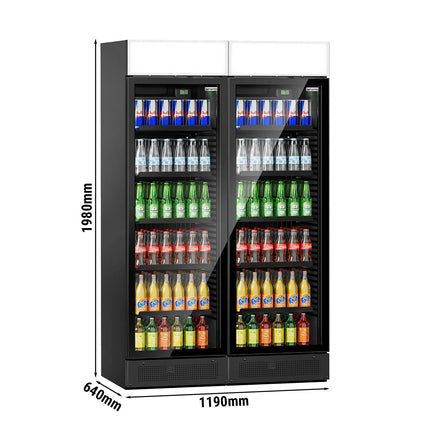 GGM Gastro (2 pcs) Commercial Beverage Display Fridge with Illuminated Canopy - 1190mm - 690 Litres - with 2 hinged glass doors - LED lighting - digital controller with temperature display - Black - UK Plug - Temperature range 2 to 10 °C