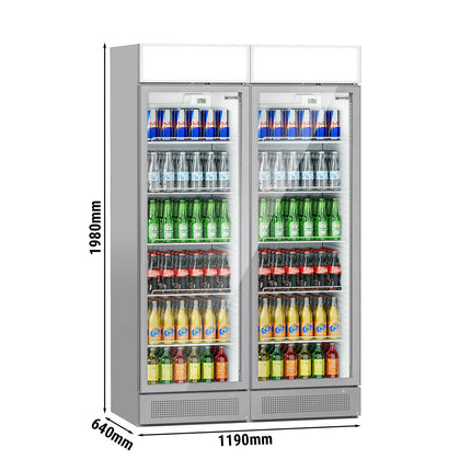 GGM Gastro (2 pcs) Commercial Beverage Display Fridge with Illuminated Canopy - 1190mm - 345 Litres - with 2 hinged glass doors - LED lighting - Grey - Temperature range 2 to 10 °C