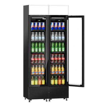 GGM Gastro (2 pcs) Commercial Beverage Display Fridge with Illuminated Canopy - 870mm - 290 Litres - with 2 hinged glass doors - LED lighting - digital controller with temperature display - Black - Temperature range 1 to 10 °C