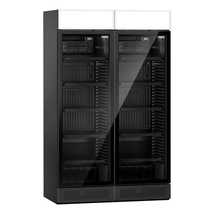 GGM Gastro (2 pcs) Commercial Beverage Display Fridge with Illuminated Canopy - 1190mm - 345 Litres - with 2 hinged glass doors - LED lighting - digital controller with temperature display - Black - Temperature range 2 to 10 °C