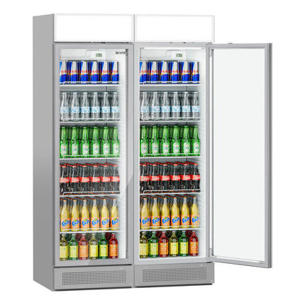 GGM Gastro (2 pcs) Commercial Beverage Display Fridge with Illuminated Canopy - 1190mm - 345 Litres - with 2 hinged glass doors - LED lighting - Grey - Temperature range 2 to 10 °C