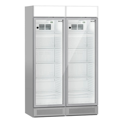 GGM Gastro (2 pcs) Commercial Beverage Display Fridge with Illuminated Canopy - 1190mm - 345 Litres - with 2 hinged glass doors - LED lighting - Grey - Temperature range 2 to 10 °C