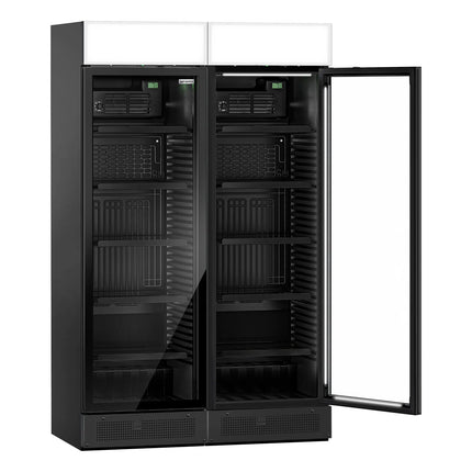 GGM Gastro (2 pcs) Commercial Beverage Display Fridge with Illuminated Canopy - 1190mm - 345 Litres - with 2 hinged glass doors - LED lighting - digital controller with temperature display - Black - Temperature range 2 to 10 °C